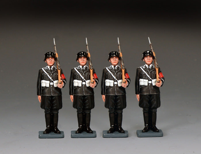 King & Country LAH-S06 set of four identical Leibstandarte SS guards standing at attention in black dress uniform with rifles held vertical at the shoulder.