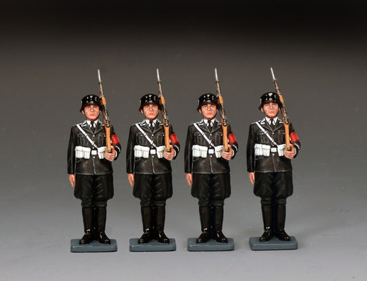 King & Country LAH-S06 set of four identical Leibstandarte SS guards standing at attention in black dress uniform with rifles held vertical at the shoulder.