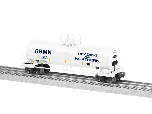 Lionel model train rail car O scale Reading and Northern Unibody Tank Car #101275.