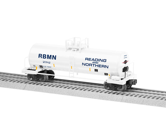 Lionel model train rail car O scale Reading and Northern Unibody Tank Car #2382.