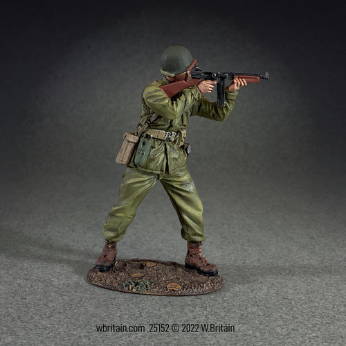 Toy soldier army man U.S. Infantryman Standing, Firing Thompson From Shoulder.