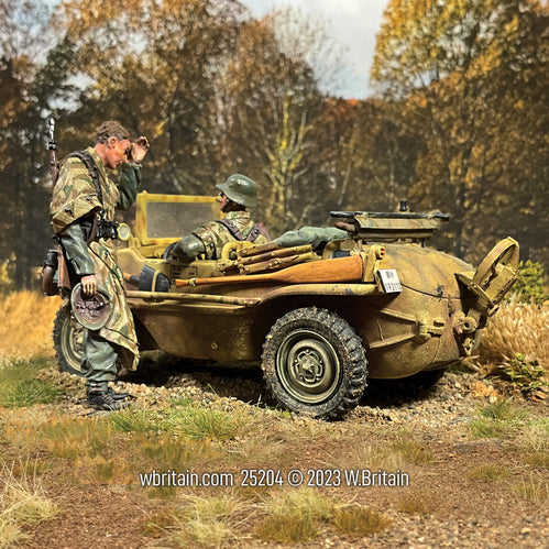 Collectible toy soldier miniature army men Type 166 Schwimmwagen, Panzer Lehr Division. On the battlefield.