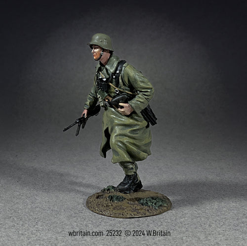 Collectible toy soldier miniature army men German Grenadier NCO Running in Greatcoat With MP 40.