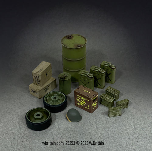 A detailed miniature set depicting U.S. Armor accessories from World War II. The set includes a 55-gallon fuel drum, several 'Jerrycans', lubrication cans, a wooden box of .50 caliber linked ammo, Sherman tank road wheels, .30 and .50 caliber ammo cans, boxes of C and K rations, and a military helmet.