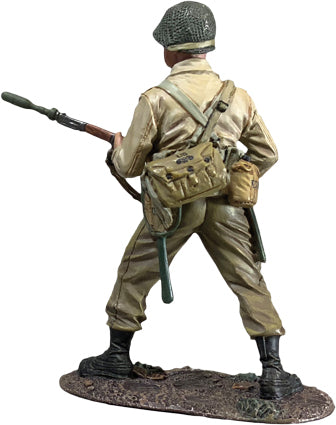 Rear view of Collectible toy soldier miniature army men U.S. Infantryman with Grenade Launcher figurine.