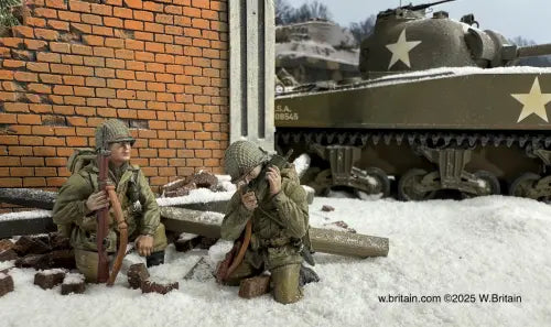 Reporting In. Model soldiers in a snowy scene with a tank in the background.