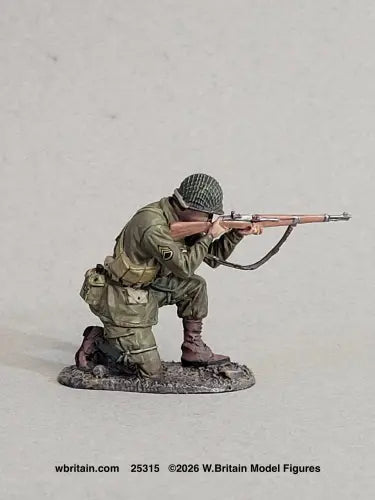 W. Britain Shifty Powers, Easy Company 101st Airborne — kneeling firing M1 Garand. 1/30 scale matte-painted Band of Brothers figure, 1944-45. Catalog 25315.