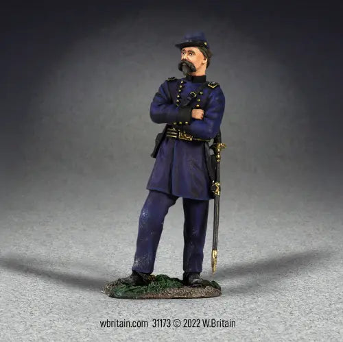 General Daniel Sickles. A figurine of a Civil War-era Union officer with a beard, wearing a blue uniform and cap, stands on a small grassy base with arms crossed and a sword at his side.