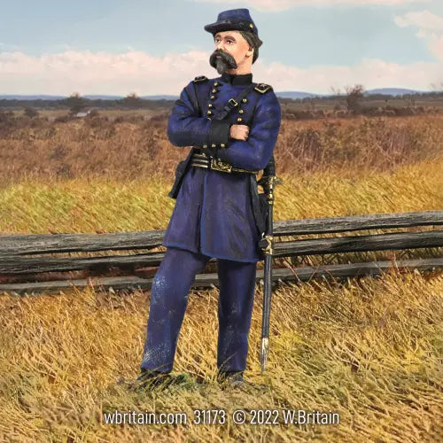 General Daniel Sickles. Model figure of a Civil War Union soldier in blue uniform standing in a field with a fence.