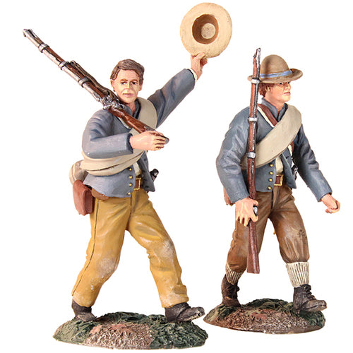 Collectible toy soldier miniatures Huzza For the Company. Two soldiers with muskets and grey uniforms.