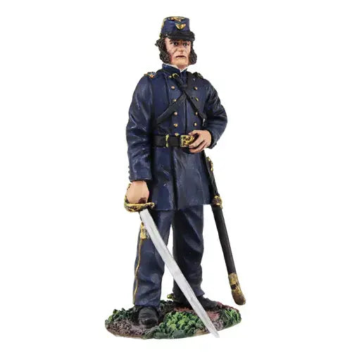 Colonel Henry A. Morrow. A figurine of a man in a dark blue military uniform with gold accents, cap, and a sword in one hand, standing on a textured base resembling grass and dirt.