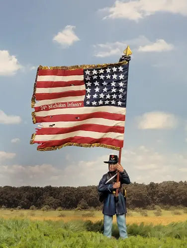 Federal Color Sergeant Able Peck 24th Michigan 1863 with large U.S. flag on battlefield backdrop, W. Britain 1/30 matte.