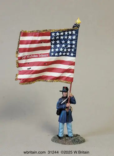 W. Britain 31244 Able Peck 24th Michigan color sergeant holding tattered U.S. flag, 1/30 scale matte Civil War figure.