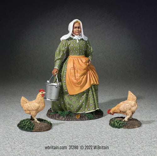 Collectible toy soldier miniature Miss Dayfield Woman Doing Farm Chores and two Chickens.