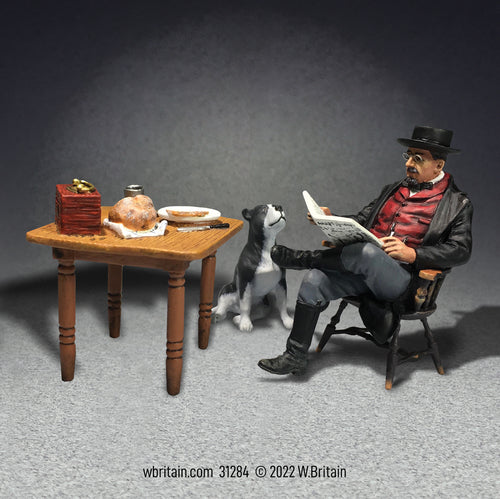 Collectible toy soldier set "Coffee, News, and a Loyal Friend". Civilian reading news paper with his dog.