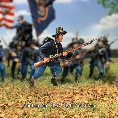 Collectible toy soldier miniature army men Federal Iron Brigade Charging No.2. On the battlefield.