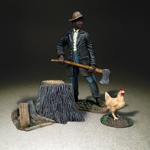 Collectible toy soldier miniature Looks Like Chicken for Dinner. Man is holding a axe.