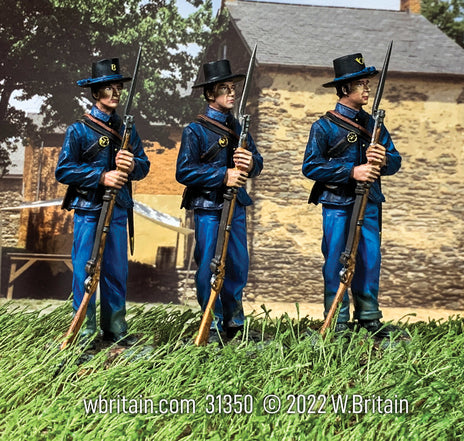 Collectible toy soldier miniature army men Federal Infantry Standing at Rest. They are near a house.