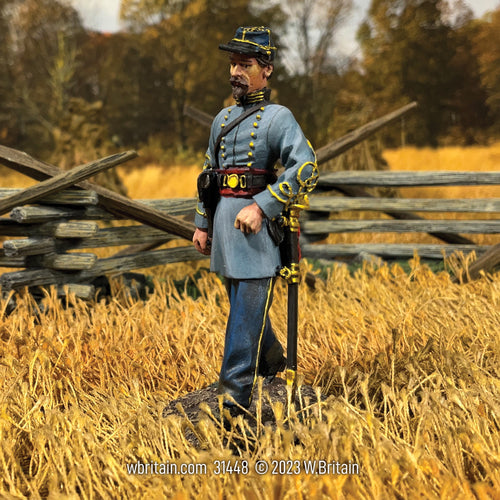 Collectible toy soldier army men Confederate Infantry Officer Marching in a field.