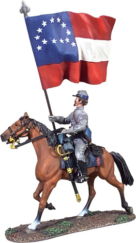 Side view of Collectible toy soldier miniature army men Headquarters Flag figurine on horseback.