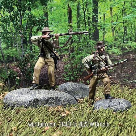 Collectible toy soldier army men set Scrambling Up the Round Tops. They are in a forest.