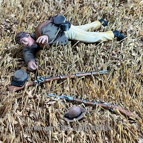 Collectible toy soldier army man Confederate Casualty. He is laying in the field.