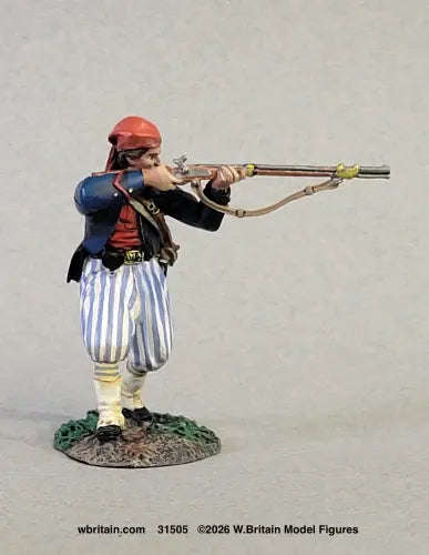 W. Britain Louisiana Tiger Confederate Zouave firing musket — red fez, blue jacket, blue-and-white striped trousers. 1/30 scale matte-painted, 1861-62. Catalog 31505.