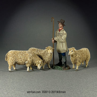 Collectible toy soldier miniature civilian figurine Shepherd with Three Sheep.