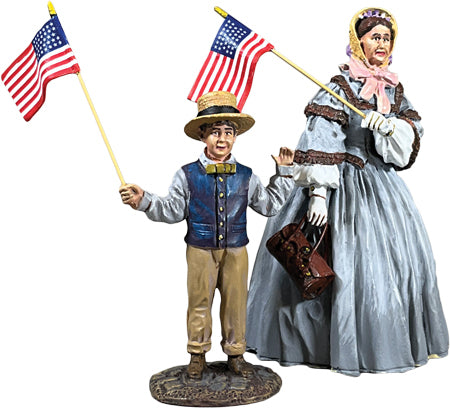 Collectible civilian miniature figurines A Patriotic Family Mother and Son Waving Flags.