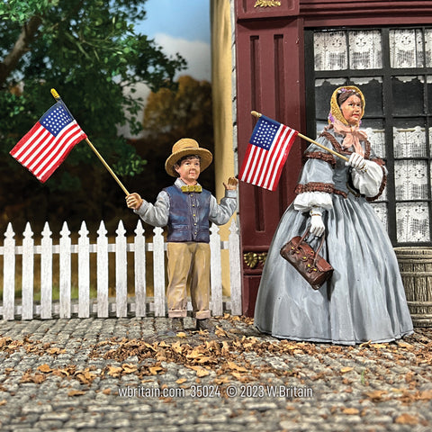 Collectible civilian miniature figurines A Patriotic Family Mother and Son Waving Flags..
