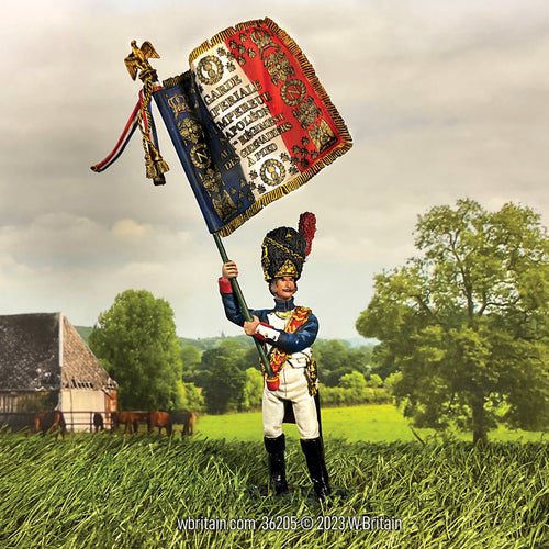 Collectible toy soldier miniature army men French Imperial Guard with Eagle, 1815. In a field.