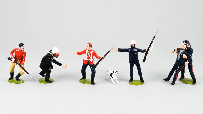 Collectible toy soldier figurines six soldiers and a dog.