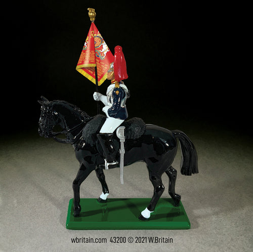 Collectible toy soldier miniature Blues and Royals Mounted Standard Bearer.