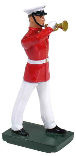 Collectible toy soldier miniature USMC Bugler. He is wearing a red uniform.