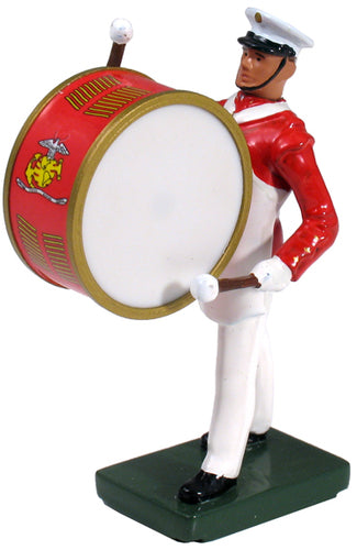 Collectible toy soldier miniature USMC Bass Drummer Commandant's Own. He is in red uniform.