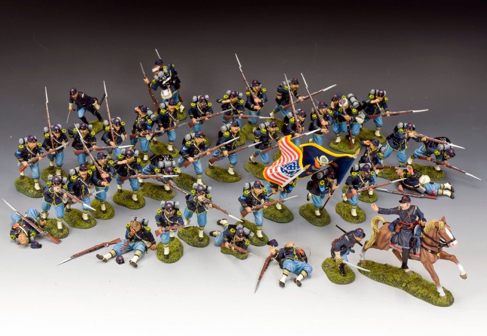 Collection of American Civil War toy soldiers with a flag on a gray background