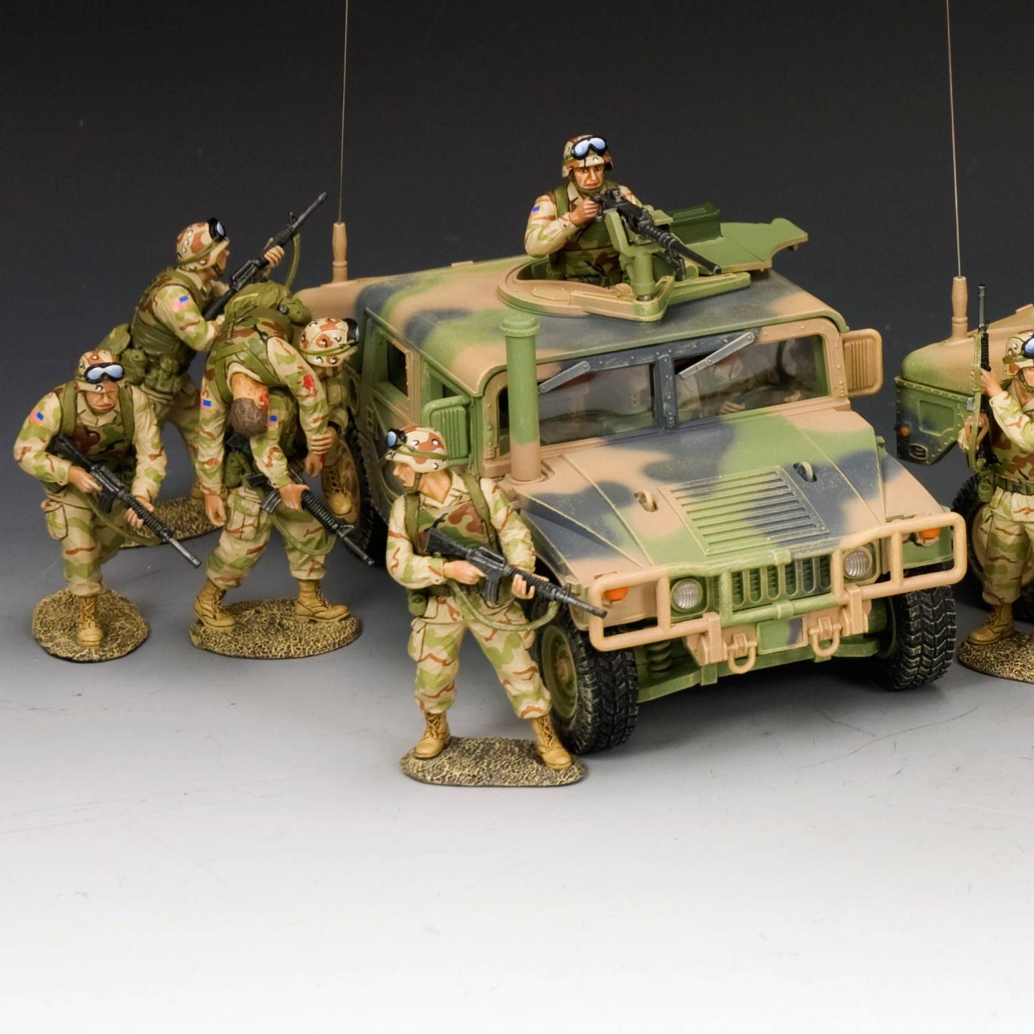 Military Miniature Black Hawk Down Model military vehicle with figurines in a desert setting