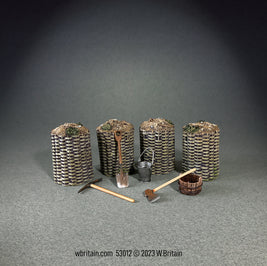 Diorama accessories. 4 field fortifications along with shovel, axe and buckets.