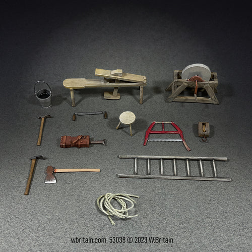 he set includes a wooden shave horse, an axe, a drawknife, a red and silver ladder, a grinding wheel setup, a pulley, a stool, and a pail.
