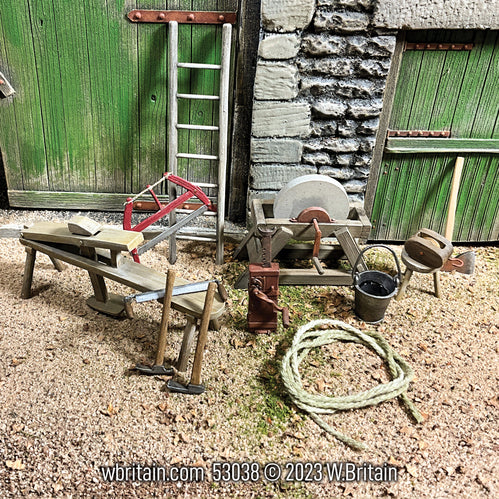 A detailed display of miniature farm tools from the 18th to 19th century, set against a rustic farm background.