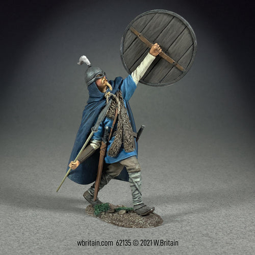 Collectible toy soldier miniature Alfgeir Viking Throwing Spear. Soldier is in blue cloak.
