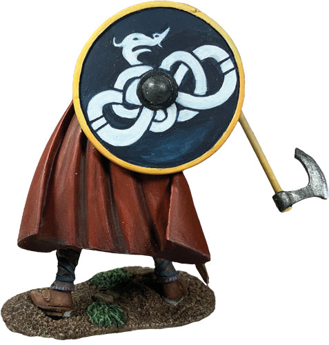 Collectible toy soldier miniature "Torgny" Viking Attacking with Axe. He has a large blue shield.