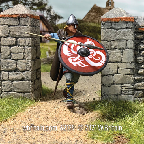 Collectible toy soldier miniature "Geir" Viking Defending with Spear and Shield. He has a large red shield.