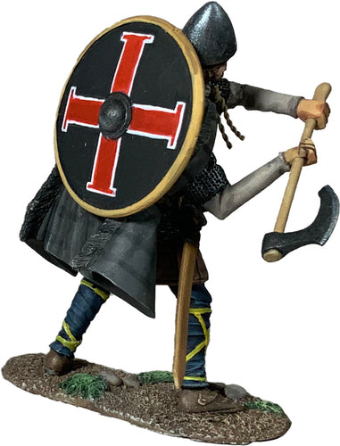 Collectible toy soldier Abrecan Saxon Attacking with Axe. Soldier has large red cross on shield.