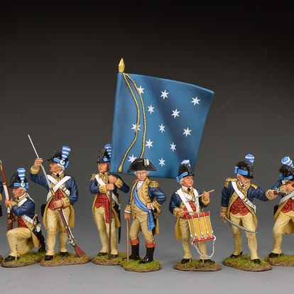 Model figures of Revolutionary War soldiers with a blue flag featuring white stars on a gray background