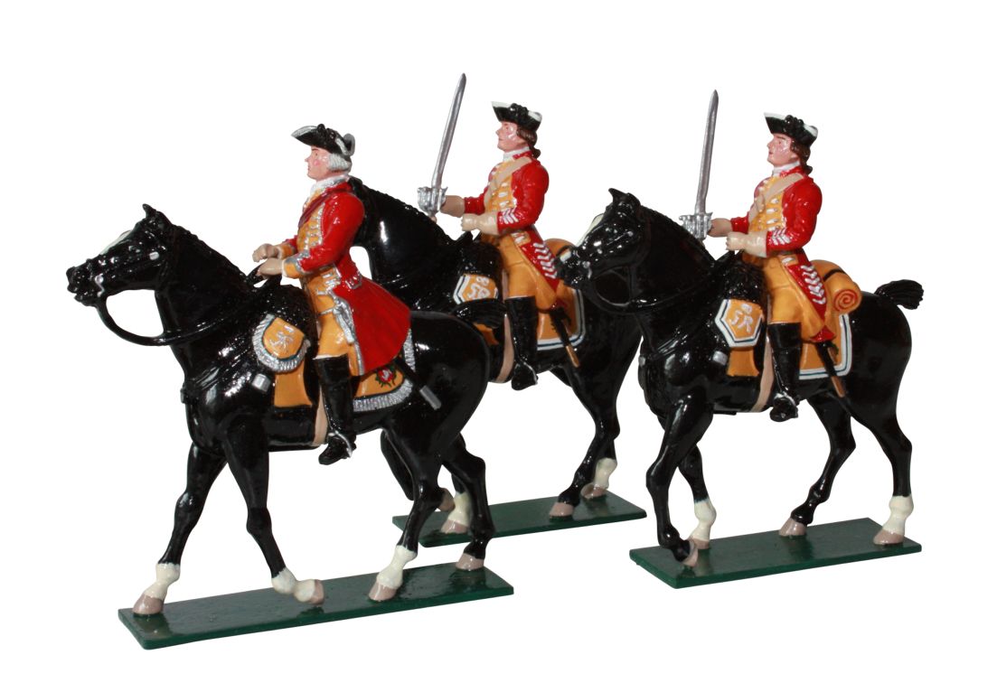 Collectible toy soldier miniature set 6th Inniskilling Dragoons British Cavalry. Three soldiers on horseback.