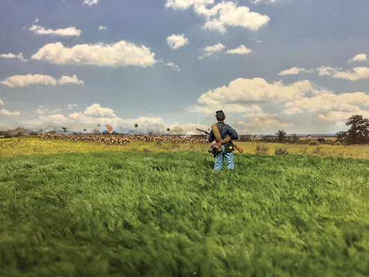 Large green summer meadow with 54mm toy soldier figurine in Union Army uniform.