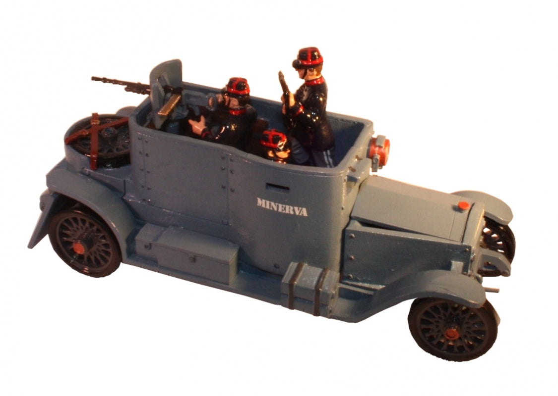 Toy soldier set featuring the Minerva Armored Car with three crew members. The model depicts an early World War One armored vehicle in a blue-gray color, with the word 'Minerva' painted on the side. The crew members are dressed in dark uniforms with red accents, positioned inside the vehicle—one manning a machine gun, one holding a rifle, and another observing. The detailed model captures the historical design and features of the armored car, highlighting its role in early 20th-century warfare.