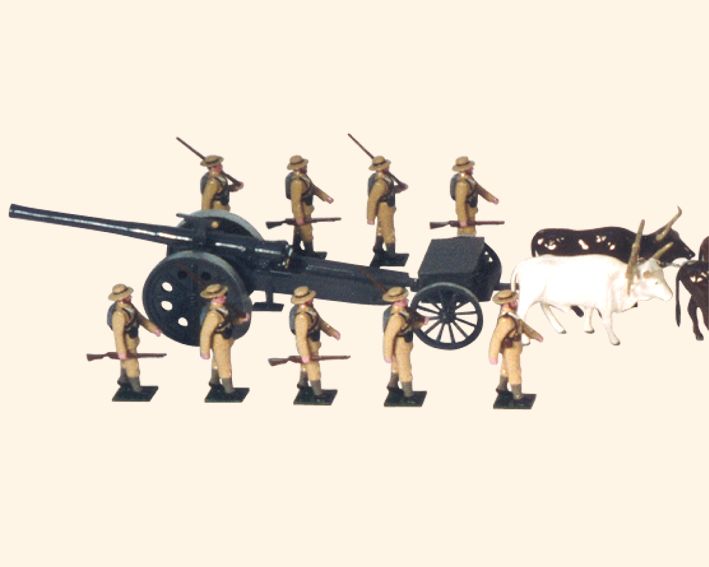 Collectible toy soldier miniature army men set Naval Brigade 4.7 inch Gun with Limber and Team. Close up of cannon.