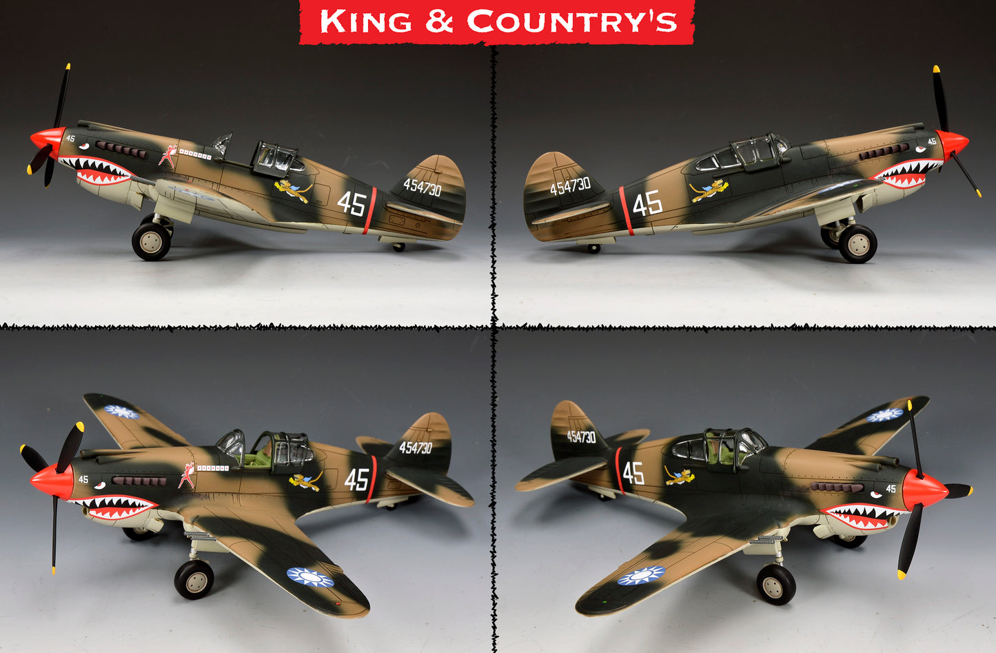 A four-panel product display of a scale model P-51 Mustang airplane from multiple angles, featuring a tan and black camouflage scheme with red nose detail, shark mouth face paint, and military insignia. A red banner at the top reads 'King & Country's'.